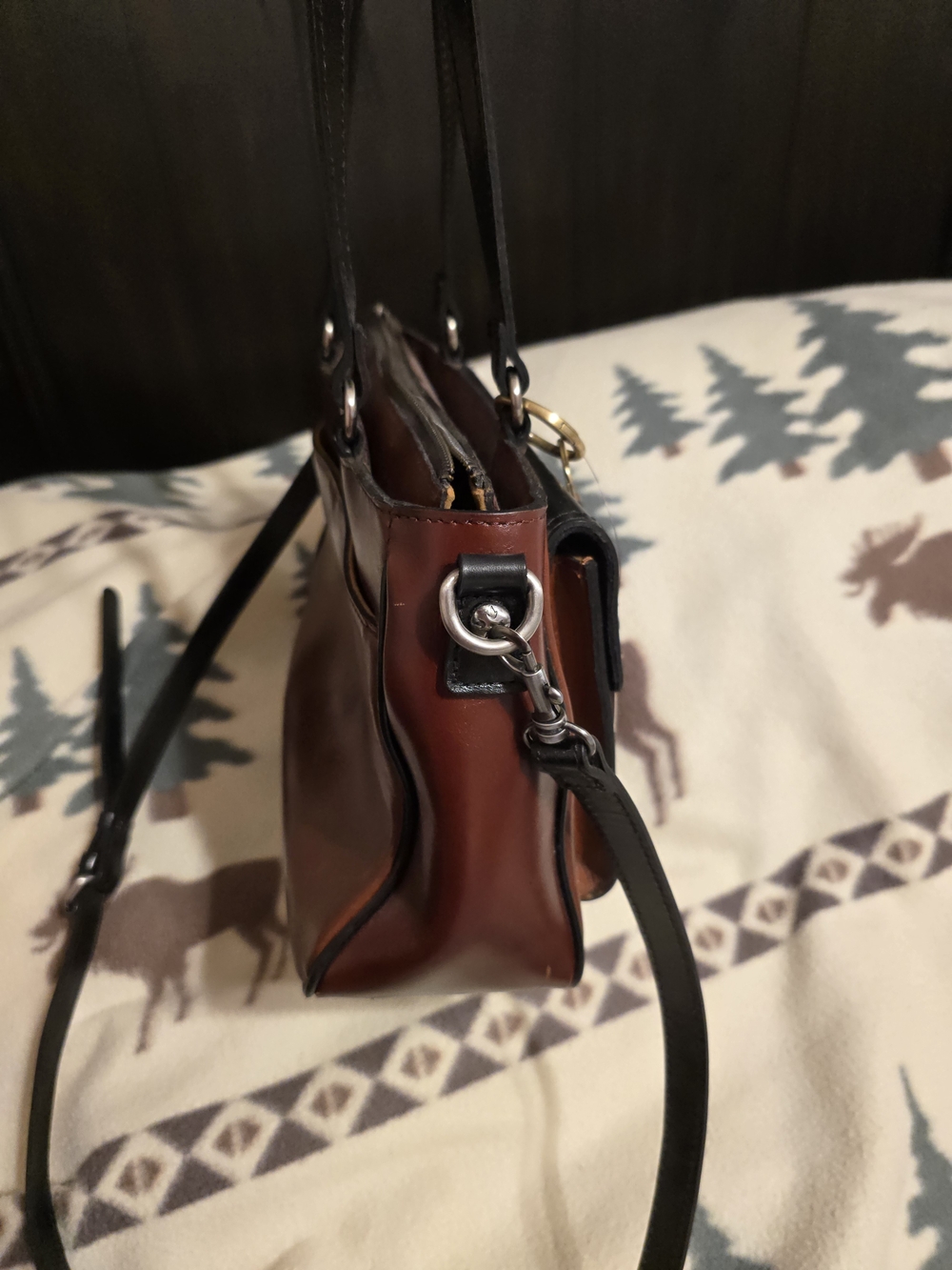 Patricia Nash Brown and Black Leather Crossbody Satchel w/ Bag Charm 14" X 9 EUC - Picture 7 of 9